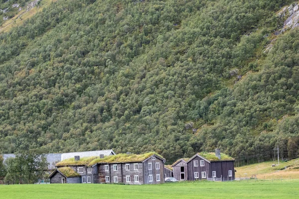 Houten Oude Traditionele Noordse Huizen Met Grasdaken Een Schilderachtig Landschap — Stockfoto