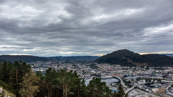 Bergen Kronstad Arstad Panoramiczny Widok Tarasu Widokowego Floyvarden Balplass Pochmurny — Zdjęcie stockowe