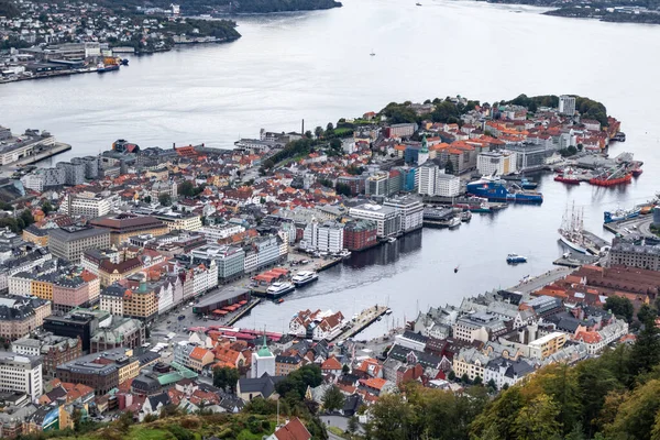 Bergen Cidade Velha Vista Aérea Mar Floyen Atração Floyvarden Balplass — Fotografia de Stock