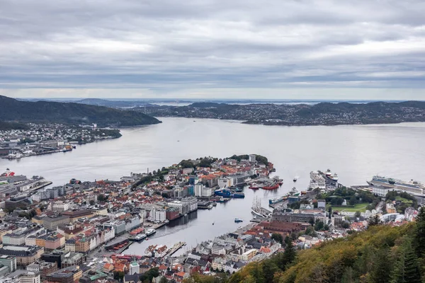 Bergen Óvárosa Északi Tenger Panorámás Légi Kilátás Floyfjellet Megfigyelő Fedélzet — Stock Fotó