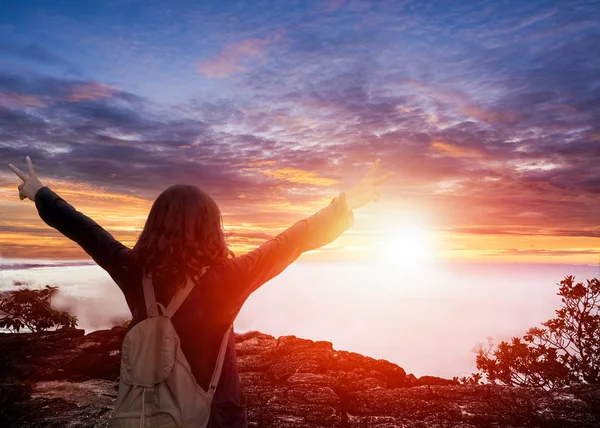 Silhueta de uma mulher de pé para assistir colorido pôr do sol — Fotografia de Stock