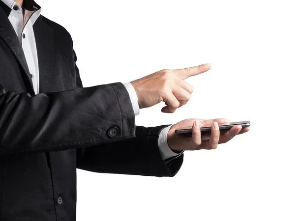 Asian business man holding a smartphone isolated — Stock Photo, Image