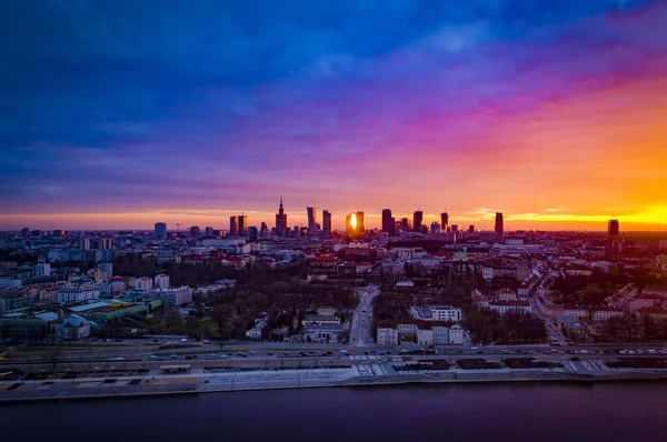 Varsóvia Polónia Vista Aérea Cidade Pôr Sol — Fotografia de Stock