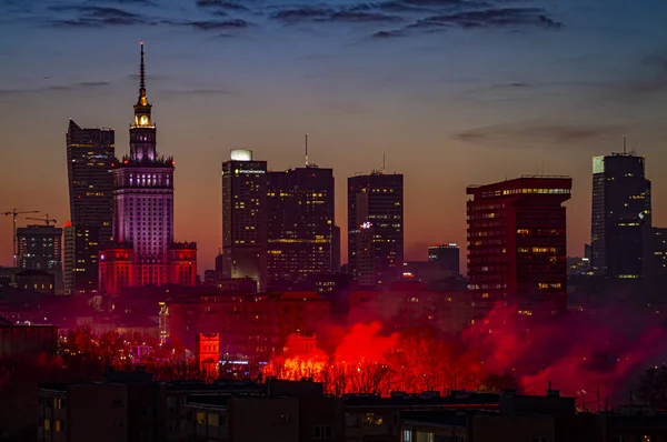 Prachtige Zonsondergang Warschau Polen Luchtfoto Van Stad — Stockfoto