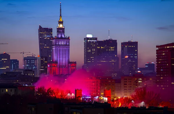 Wspaniały Zachód Słońca Warszawie Polska Widok Powietrza Miasto — Zdjęcie stockowe