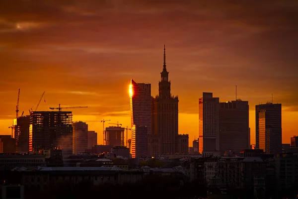 Mooie Oranje Zonsondergang Warschau Polen Luchtfoto Van Stad — Stockfoto