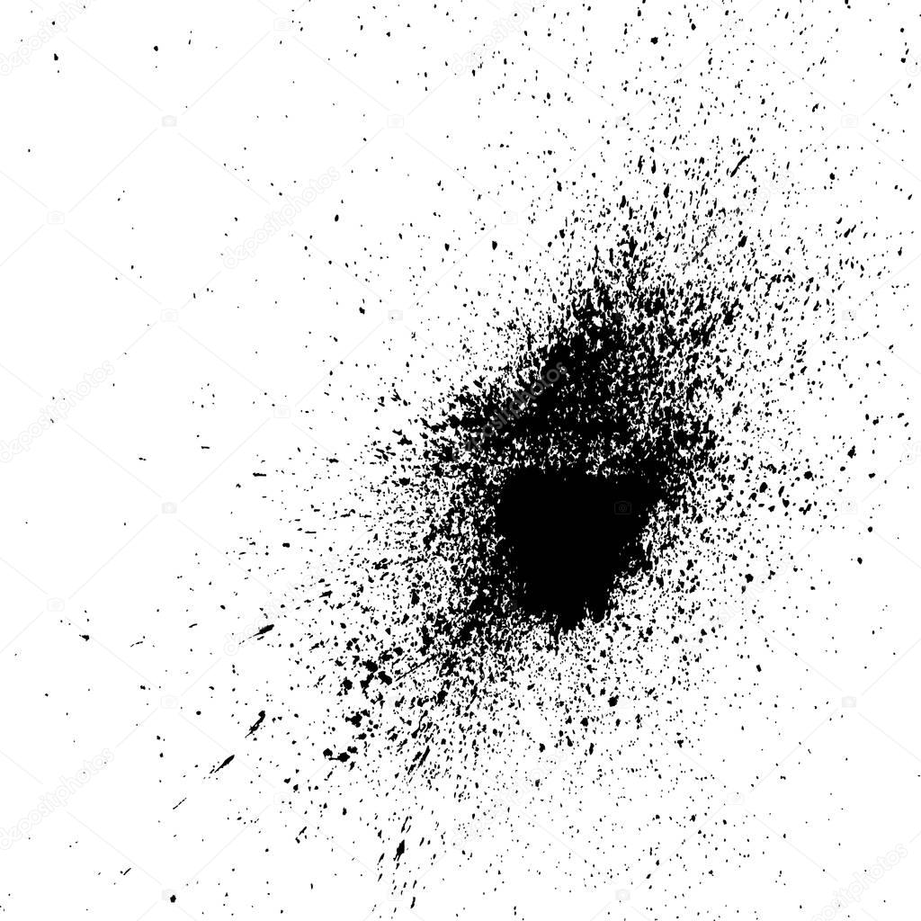 black explosion paint splatter. Small drops, spots isolated on w