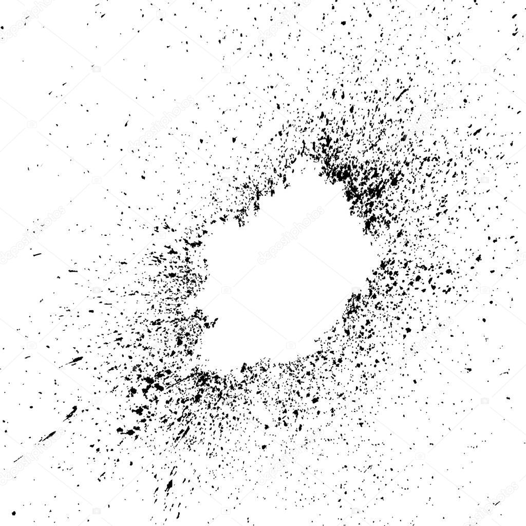 black explosion paint splatter. Small drops, spots isolated on w
