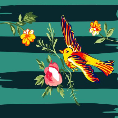 Çiçek gül tropikal vintage baskı ile uçan çizilmiş kuş el,