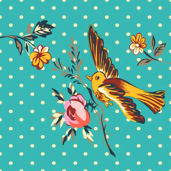 Handgezeichnete Vogel fliegen mit Blumen Rosen tropischen Vintage-Print, — Stockvektor