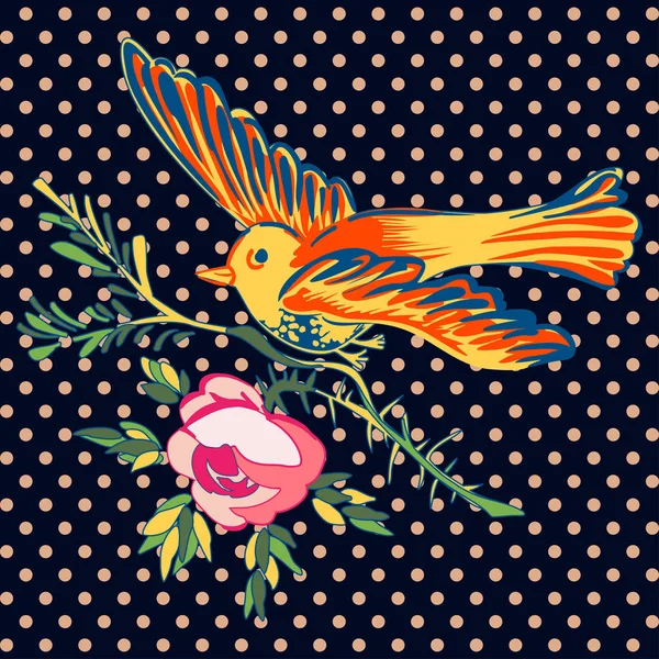 Pássaro desenhado à mão voando com rosas de flores estampa tropical vintage , — Vetor de Stock