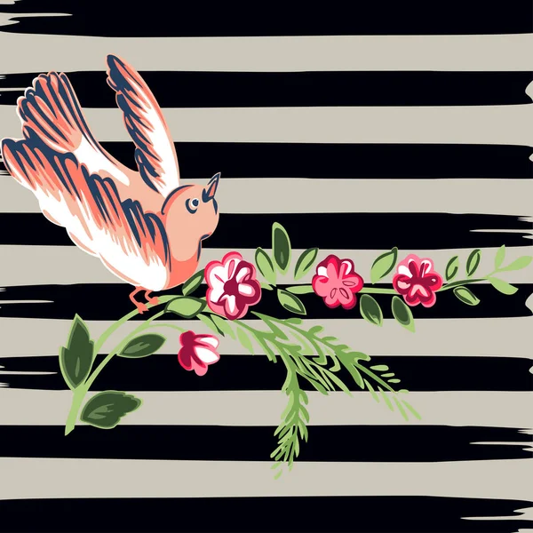 Ręcznie rysowane ptak latający z nadrukiem vintage tropikalnych kwiatów róż, — Wektor stockowy