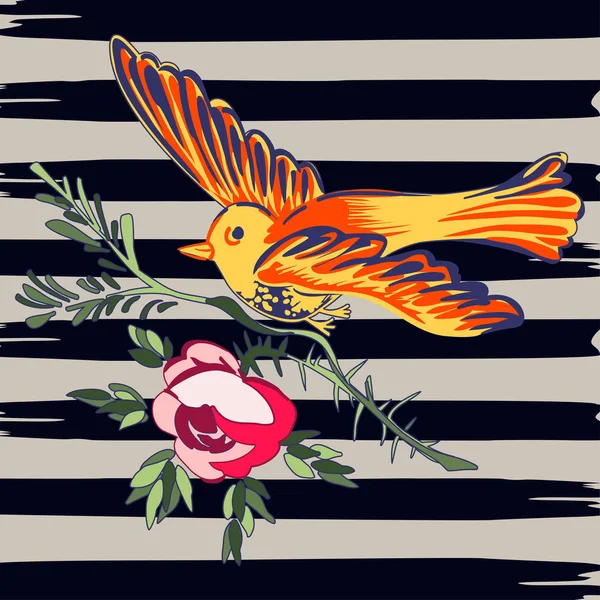 Oiseau dessiné à la main volant avec des roses fleurs imprimé vintage tropical , — Image vectorielle