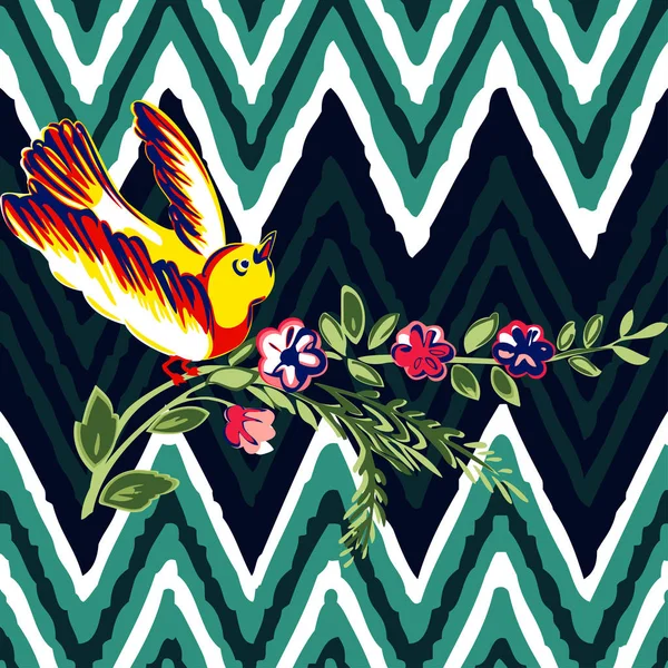 Pájaro dibujado a mano volando con rosas de flores tropical vintage print , — Vector de stock