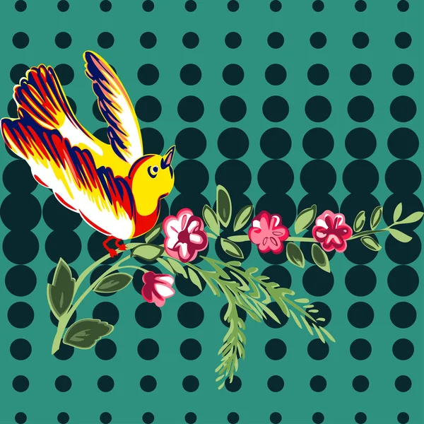 Çiçek gül tropikal vintage baskı ile uçan çizilmiş kuş el, — Stok Vektör