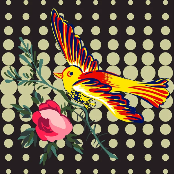 Pájaro dibujado a mano volando con rosas de flores tropical vintage print , — Archivo Imágenes Vectoriales