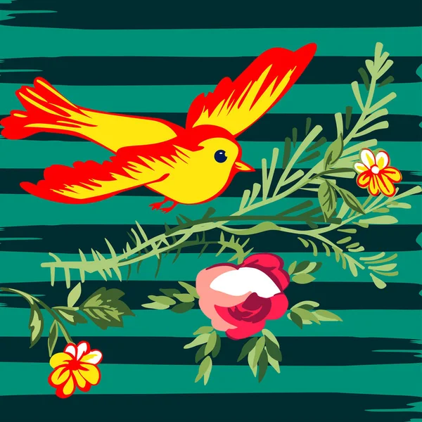 Pássaro desenhado à mão voando com rosas de flores estampa tropical vintage , — Vetor de Stock