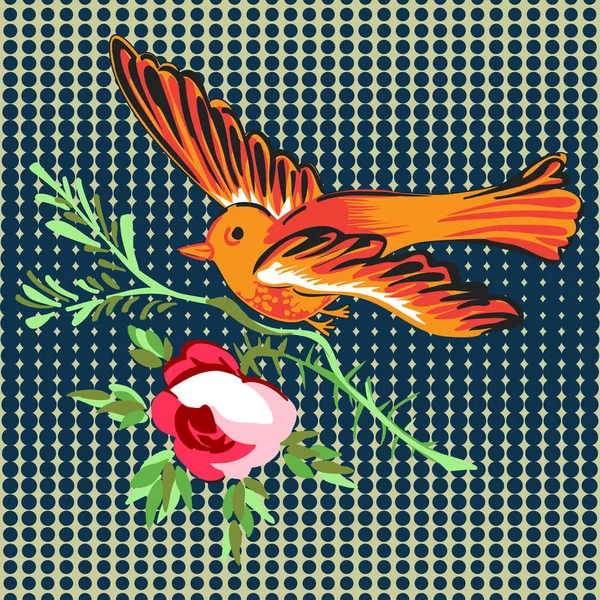 Το χέρι συντάσσονται πουλί πετώντας με τριαντάφυλλα λουλουδιών τροπικό εκλεκτής ποιότητας εκτύπωσης, — Διανυσματικό Αρχείο