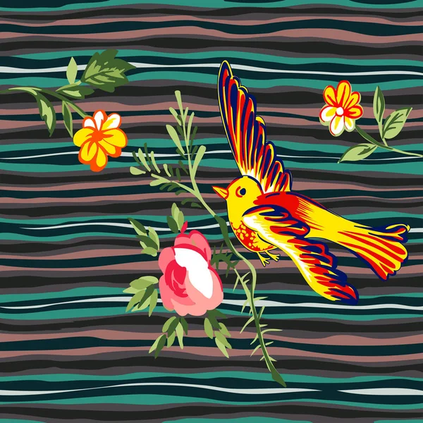 Uccello disegnato a mano che vola con rose floreali stampa tropicale vintage , — Vettoriale Stock