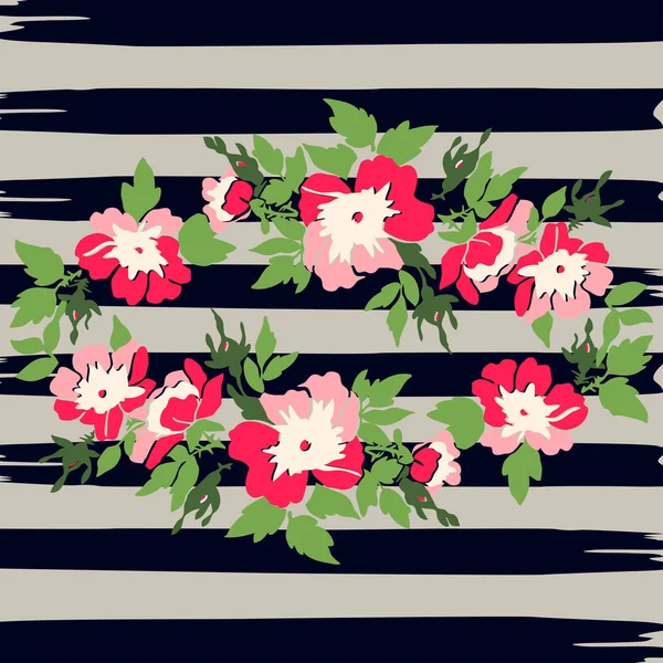 手描き下ろし花輪熱帯花がストライプにビンテージ プリントをバラ — ストックベクタ