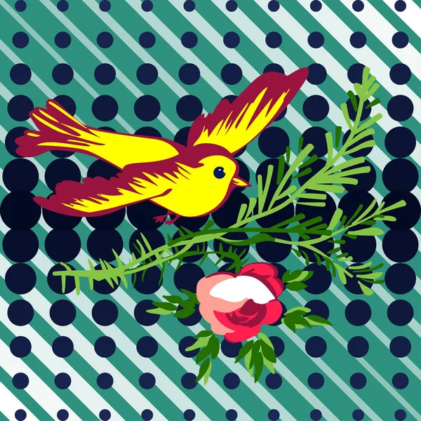 Çiçek gül tropikal vintage baskı ile uçan çizilmiş kuş el, — Stok Vektör
