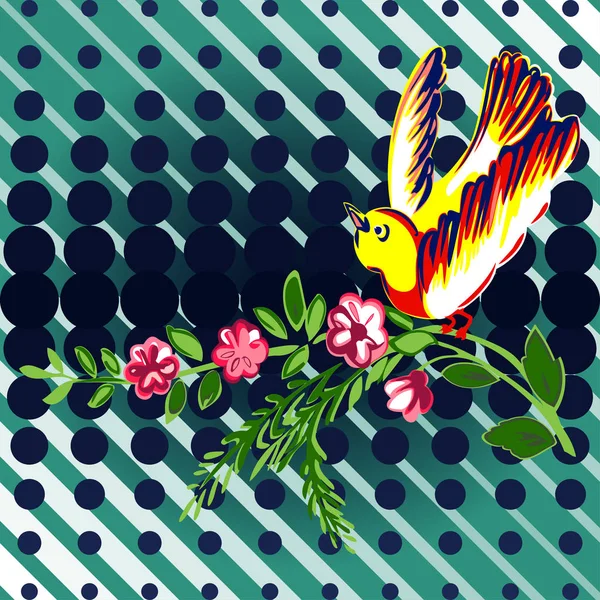 Kézzel rajzolt madarak repülő virág rózsa trópusi vintage print, — Stock Vector