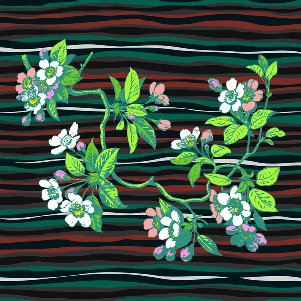 Ручной рисунок цветочные розы сакура винтажный отпечаток на полосы W — стоковый вектор