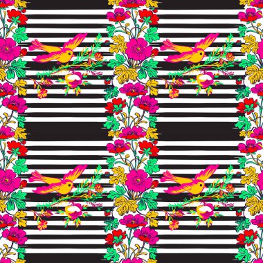 Trop ile sorunsuz egzotik kuş uçan ve Botanik kenarlık çerçevesi