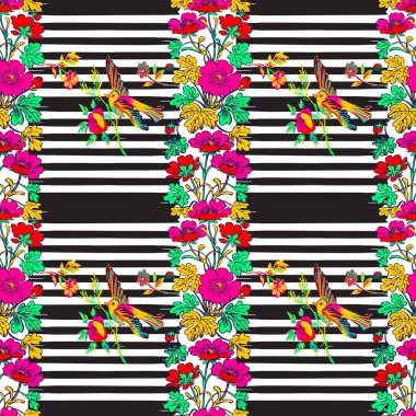 Trop ile sorunsuz egzotik kuş uçan ve Botanik kenarlık çerçevesi