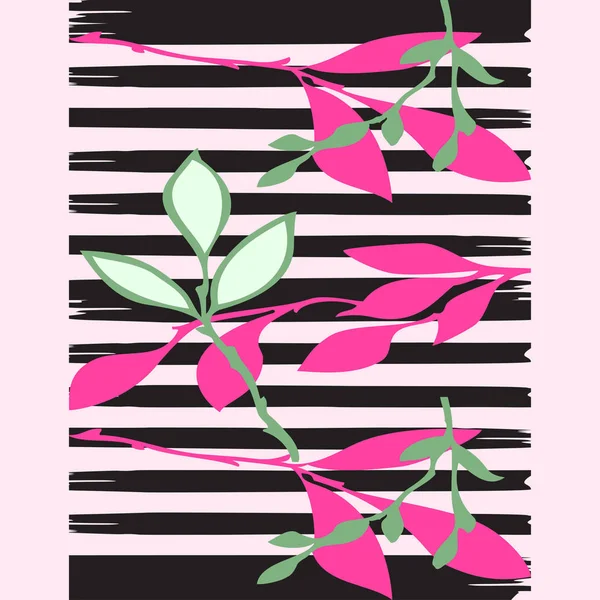 Rama dibujada a mano planta tropical estampado rayas patrón retro spr — Vector de stock