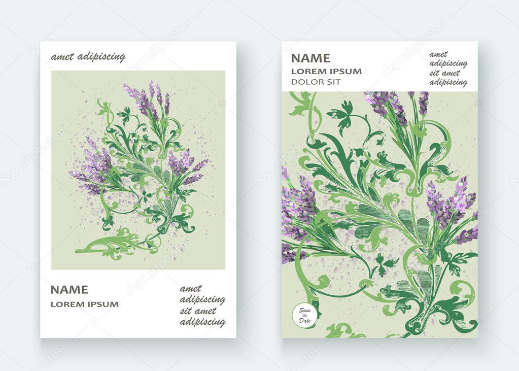 Lavender floral pattern cover design. Hand drawn creative flower