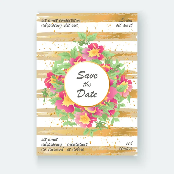 Cartões de saudação com flor rosa folhas de grinalda com linhas de ouro wh —  Vetores de Stock