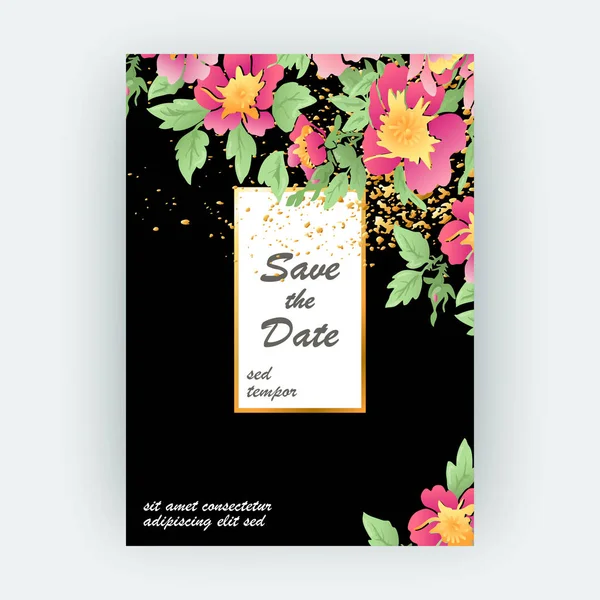 Tarjetas de felicitación con flor rosa corona hojas con líneas de oro bl — Vector de stock