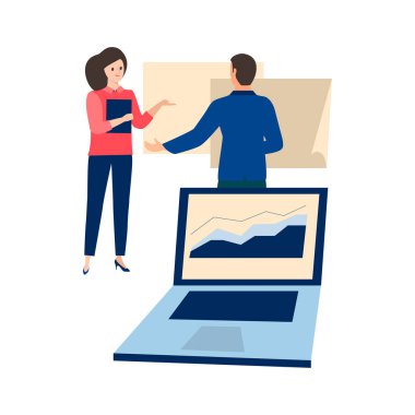 Business woman and man working on tables, graph on white backgro