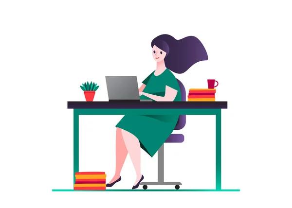Bizneswoman w zielonej sukience, siedzi na krześle przy stole, na — Zdjęcie stockowe