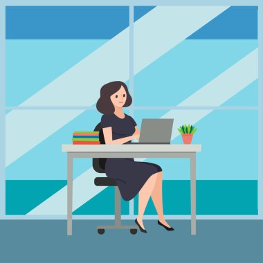 Business woman sitting on a chair at a table, on it are books an