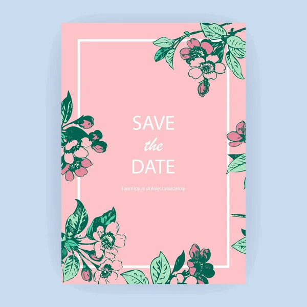 手描きの桜ピンクの花や白い背景の枝に葉 ヴィンテージスタイルのパステルカラーのベクトルイラスト 植物画の桜の結婚式の招待カード テンプレートデザイン — ストックベクタ