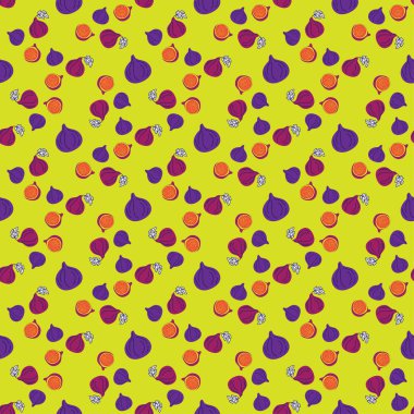 Kusursuz incir deseni, renkli ve soyut bir tasarım. Sarı zemin üzerinde tam ve dilimlenmiş incir meyveleri desenler, tekstil, paket, ambalaj, duvar kağıtları ve kartlar için.