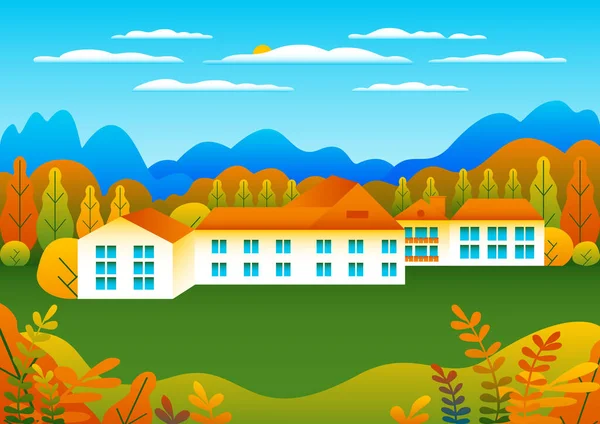丘や山の風景 フラットスタイルのデザインで家の農場 屋外パノラマ田園風景図 フィールド 青空と太陽 農村部の場所 漫画のベクトル背景 — ストックベクタ