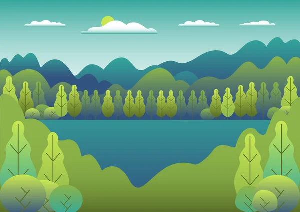 フラットなスタイルのデザインでヒルズの風景 湖の背景と谷 美しい緑のフィールド 牧草地 山と青空 漫画のベクトルの農村部の場所 — ストックベクタ