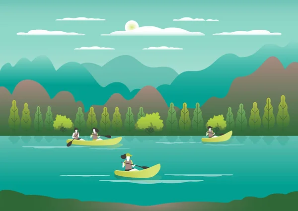 Rowing, sailing in boats as a sport or form of recreation vector flat illustration. Boating fun for all the family outdoors. Travel, go in a boat for pleasure. Landscape with lake, people go boating