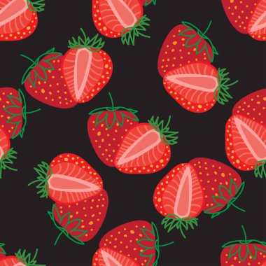 Strawberrys 'in vektörsüz deseni, tasarım renkli soyut illüstrasyon. Kalıplar, tekstil, paket, ambalaj, duvar kağıtları ve kartlar için siyah zemin üzerine dilimlenmiş kırmızı çilek.