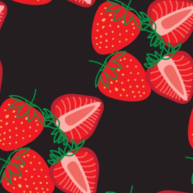 Strawberrys 'in vektörsüz deseni, tasarım renkli soyut illüstrasyon. Kalıplar, tekstil, paket, ambalaj, duvar kağıtları ve kartlar için siyah zemin üzerine dilimlenmiş kırmızı çilek.