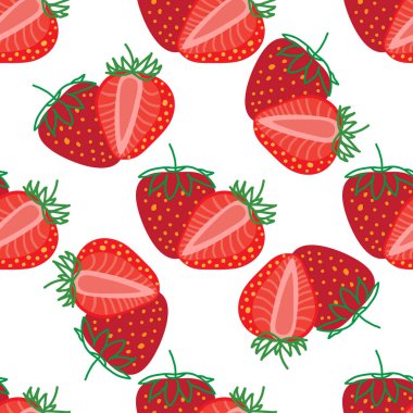 Strawberrys 'in vektörsüz deseni, tasarım renkli soyut illüstrasyon. Beyaz zemin üzerinde tam ve dilimlenmiş kırmızı çilek desenler, tekstil, paket, ambalaj, duvar kağıtları ve kartlar için