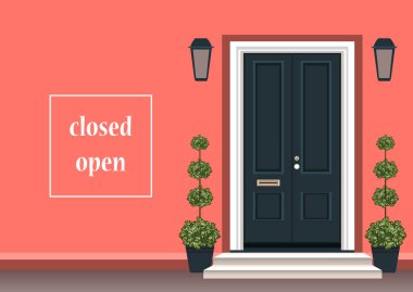 Kapısı, merdivenleri, verandası, saksısı, lambası, dış kapısı olan bir apartman dairesi. Daire, ev, apartman dairesi için vektör çizimi. Kapalı kapı konsept tasarım pankartı