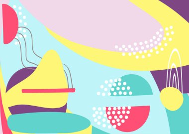 Eğlenceli renkli şekiller, karalama nesneleri ve çizgiler, noktalar kolajı, tasarım için modern moda soyut model arka planı. Pembe sarı, mor, pastel renkler.