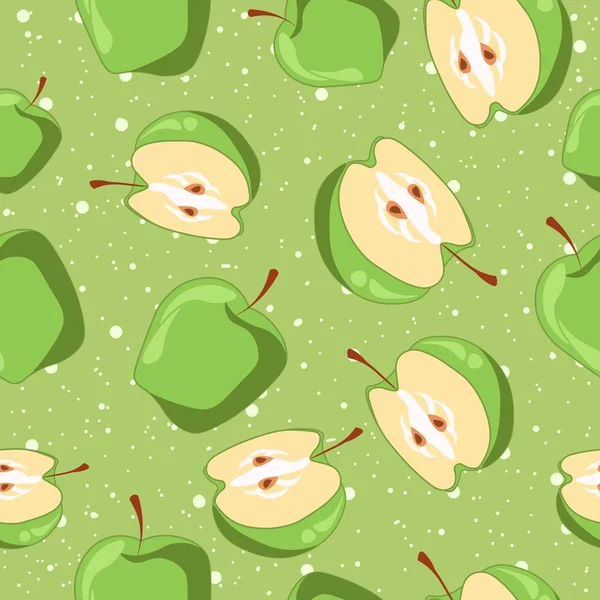 新鲜和天然的绿色苹果和切片在无缝模式 多汁维生素C水果 — 图库矢量图片
