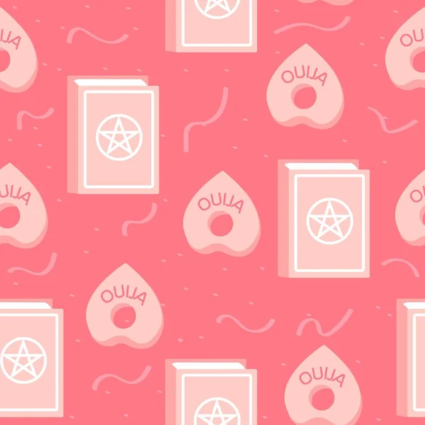 Büyü kitabı ve ruh çağırma tahtası, pembe, pürüzsüz desen. Cadılık ve ruhanilik plastik efektli sihirli illüstrasyon.