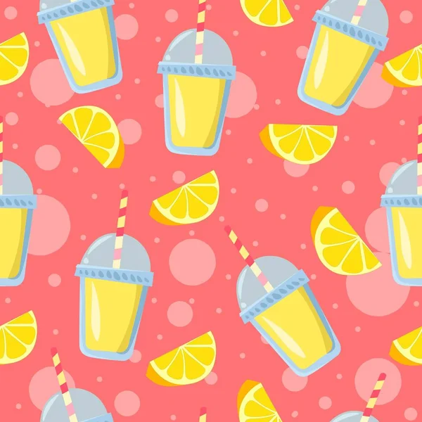 柠檬片和带有粉色气泡的柠檬水杯背景无缝图案 黄色和粉色彩绘插图 — 图库矢量图片