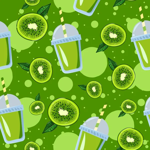 Kiwi Slices Leaves Lemonade Green Juice Cup Straw Seamless Pattern — Stock Vector